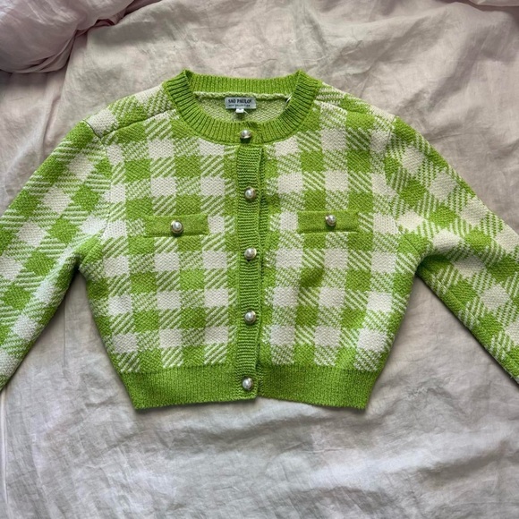 São Paulo Green/White Checkered Cropped Cardigan - Picture 6 of 8